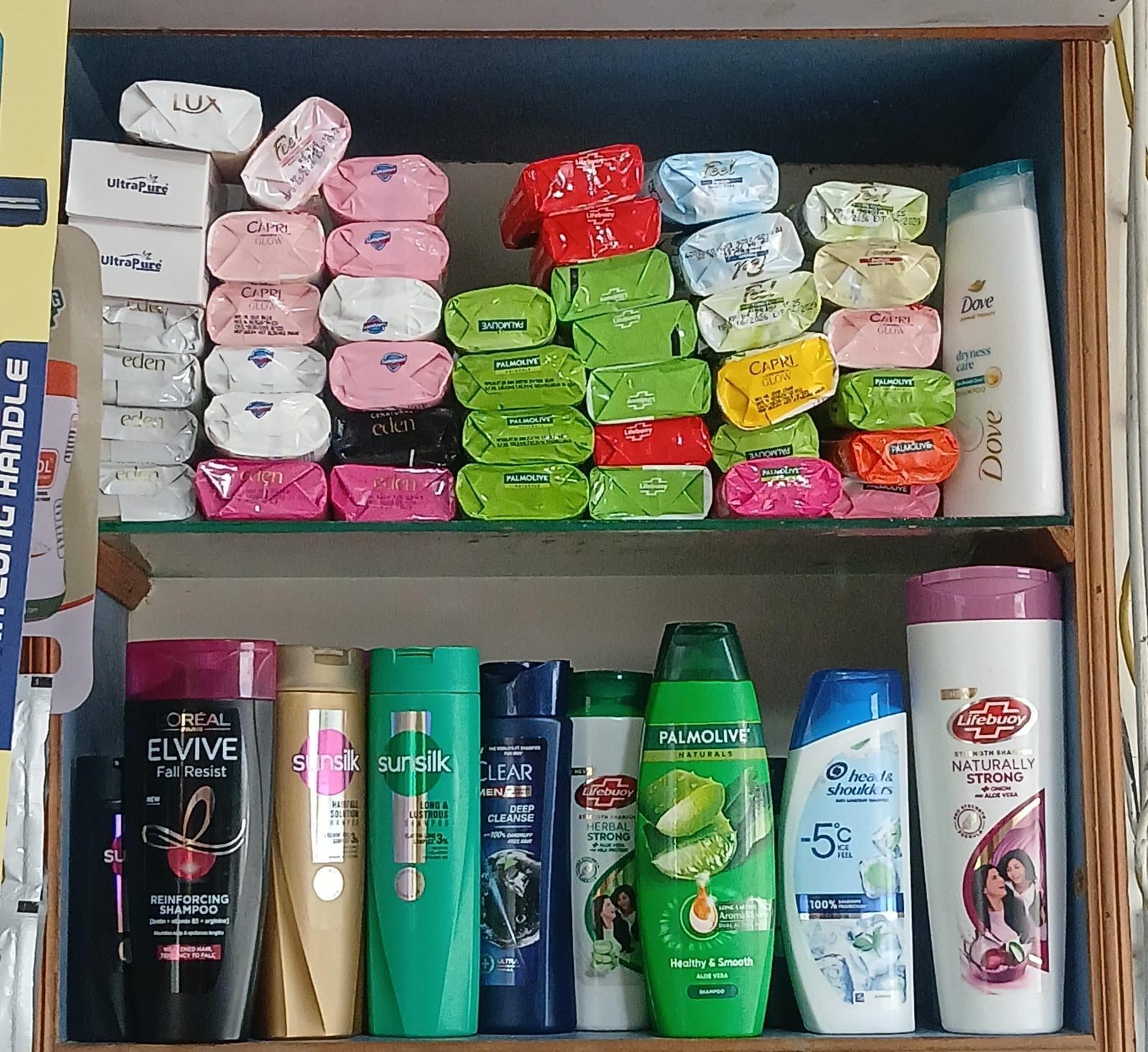 Personal care shelf with soap and shampoo brands